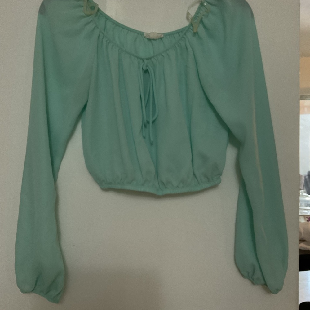 Light Teal Peasant Blouse with Tie Front - Women Tops